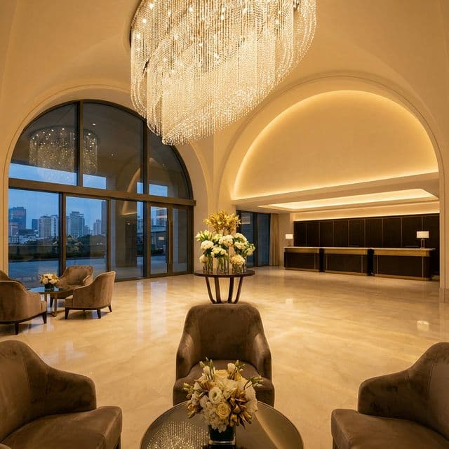 The Grand Horizon lobby with crystal chandelier and marble floors